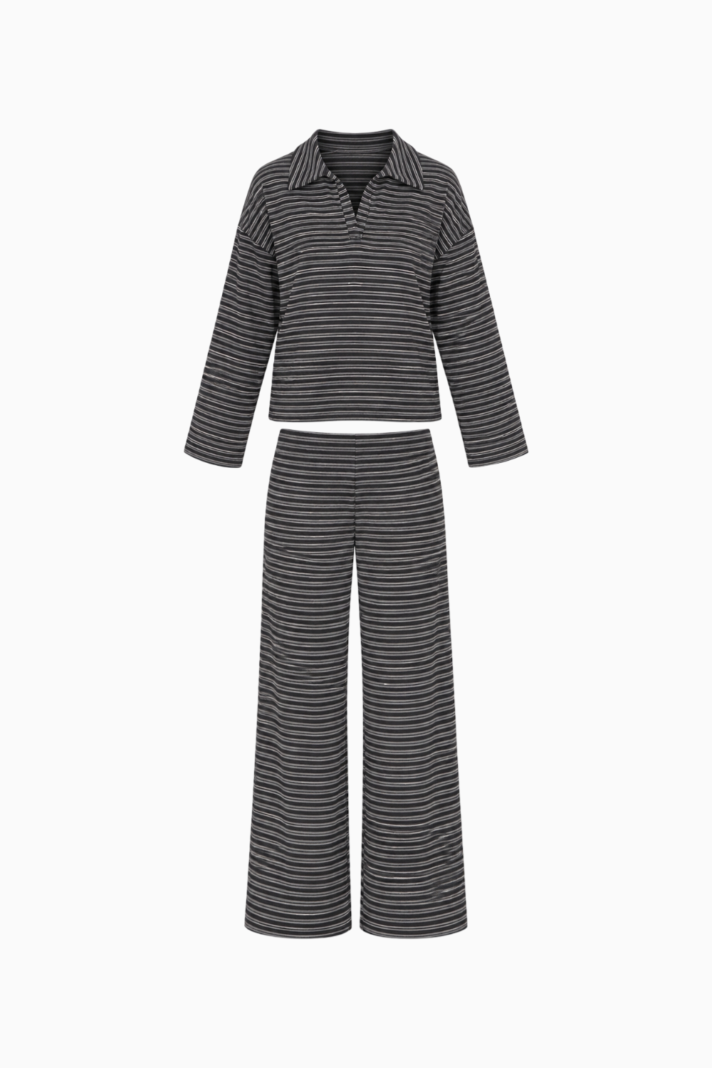 Striped Collared Long Sleeve and Wide Leg Pant Set