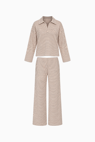 Striped Collared Long Sleeve and Wide Leg Pant Set