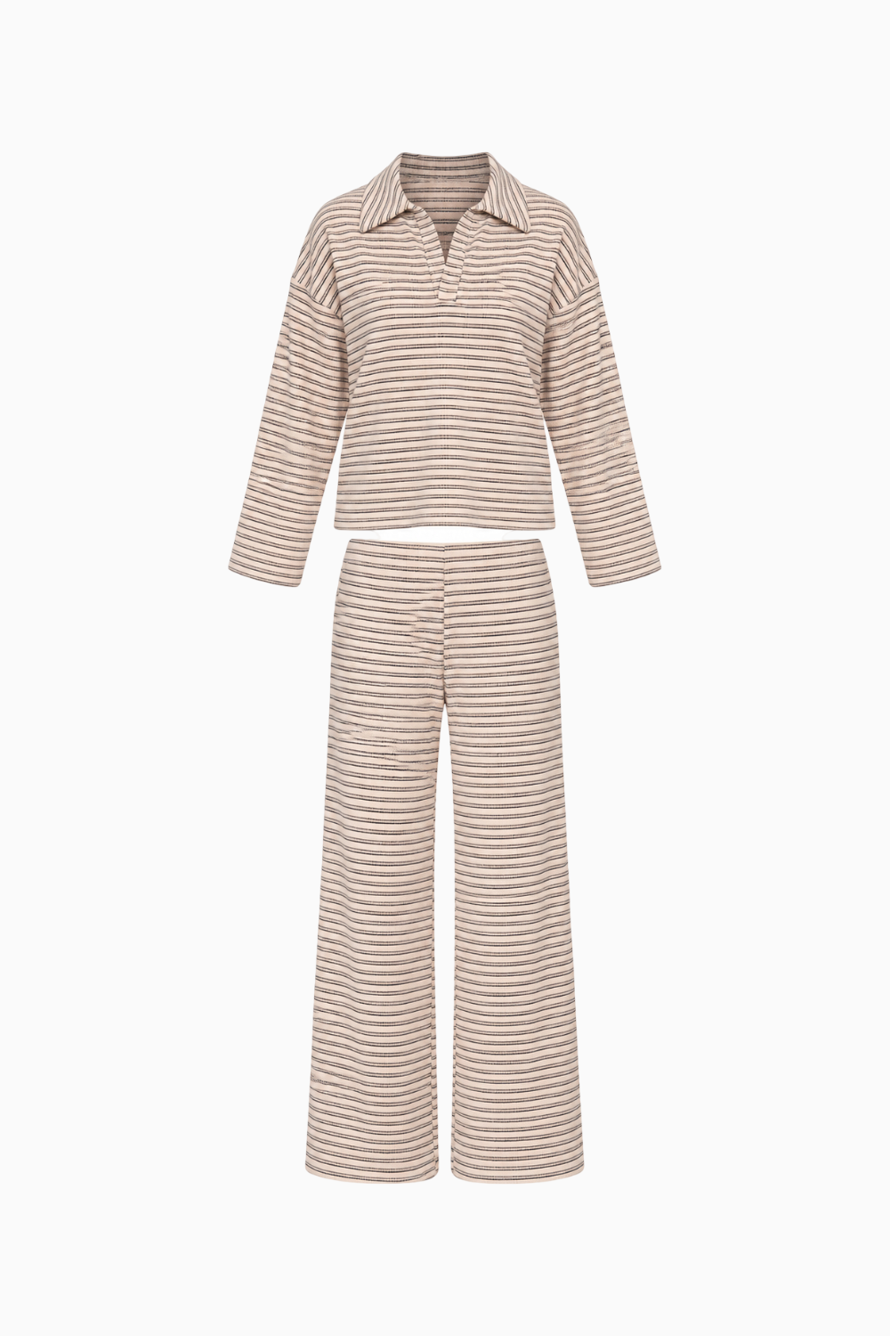 Striped Collared Long Sleeve and Wide Leg Pant Set