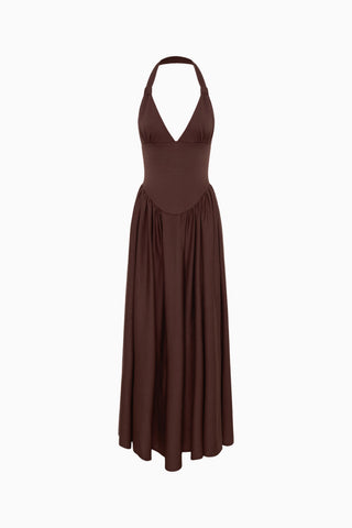 Brown Halterneck Scuba Maxi Dress