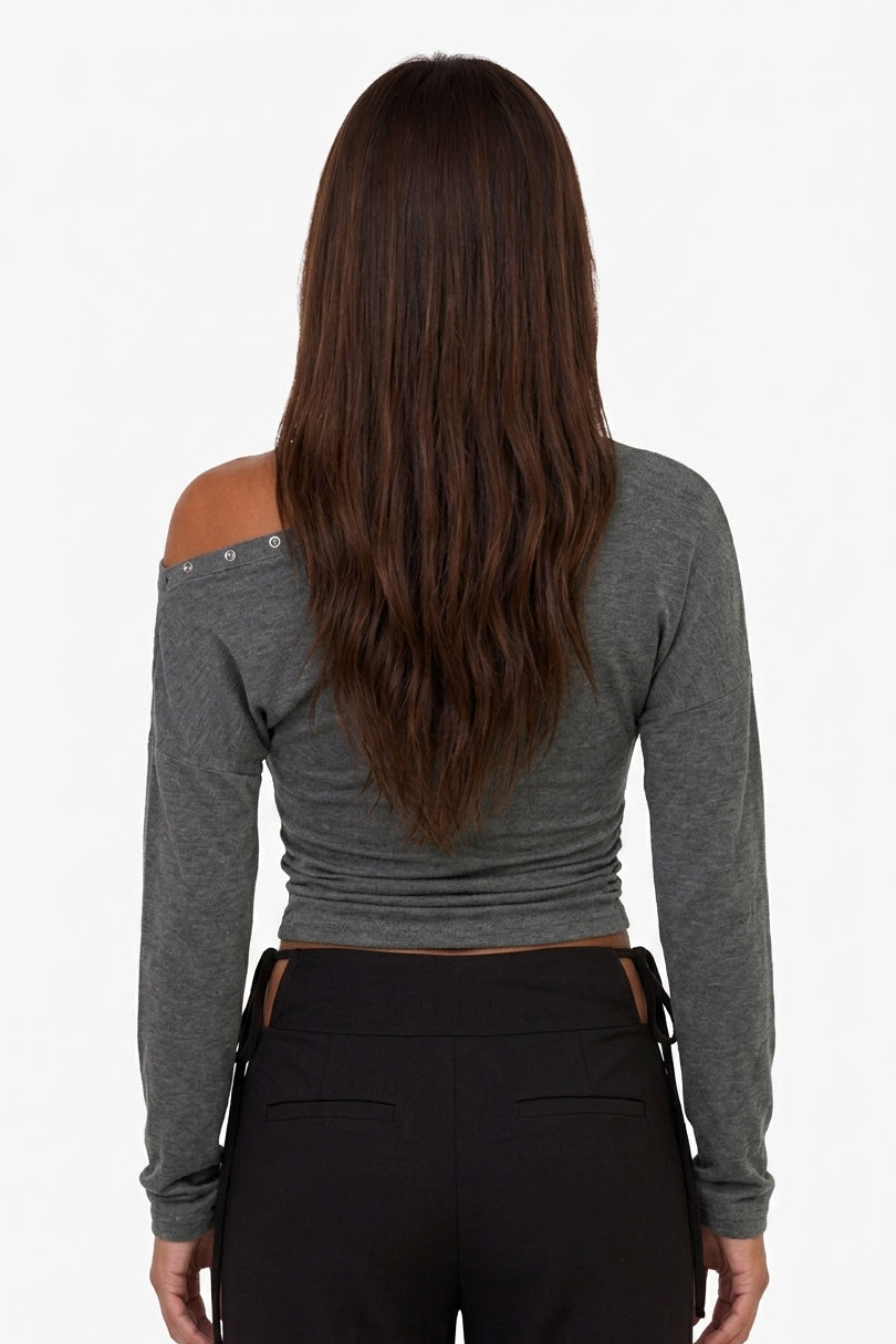 One-Shoulder Grommet Detail Long Sleeve Top