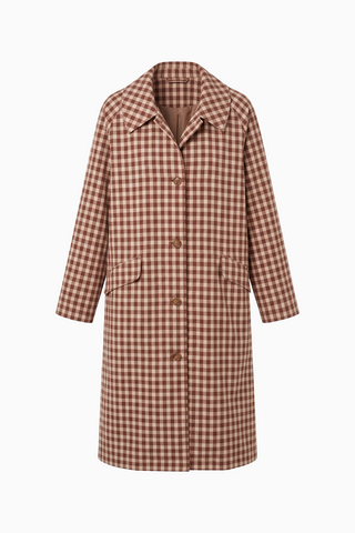 Brown and White Gingham Longline Trench Coat
