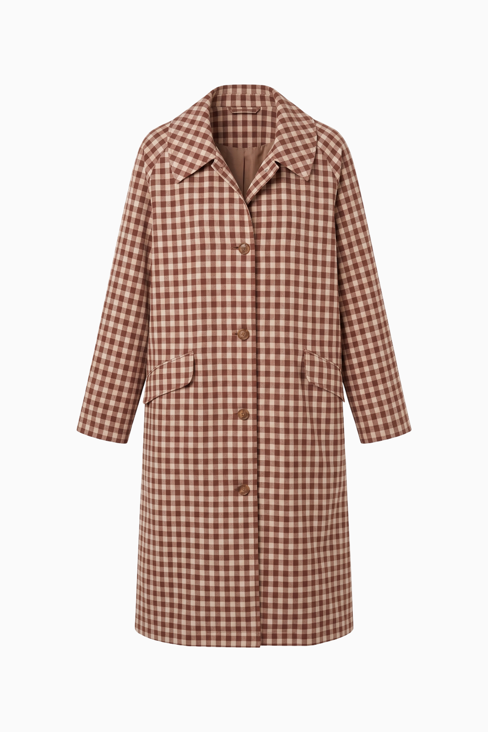 Brown and White Gingham Longline Trench Coat