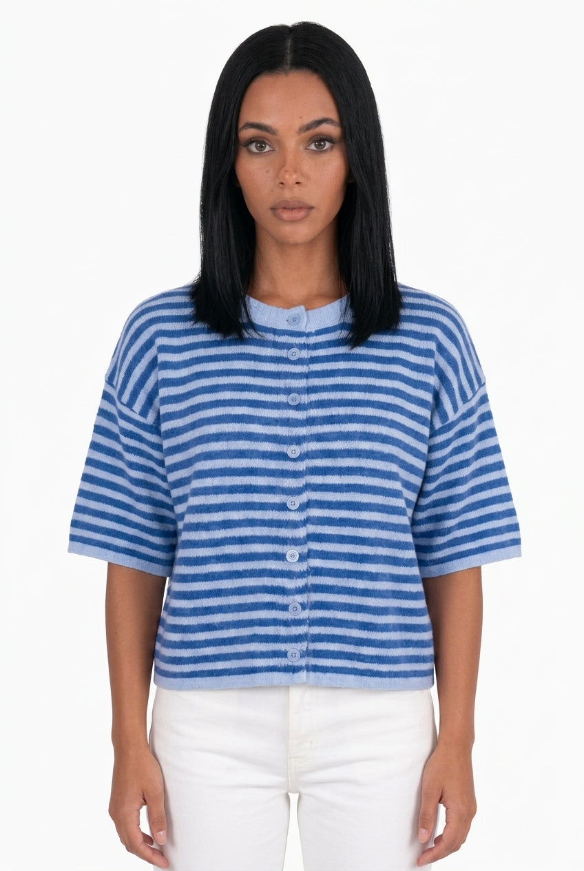 Oversized Blue Striped Short Sleeve Knit Cardigan