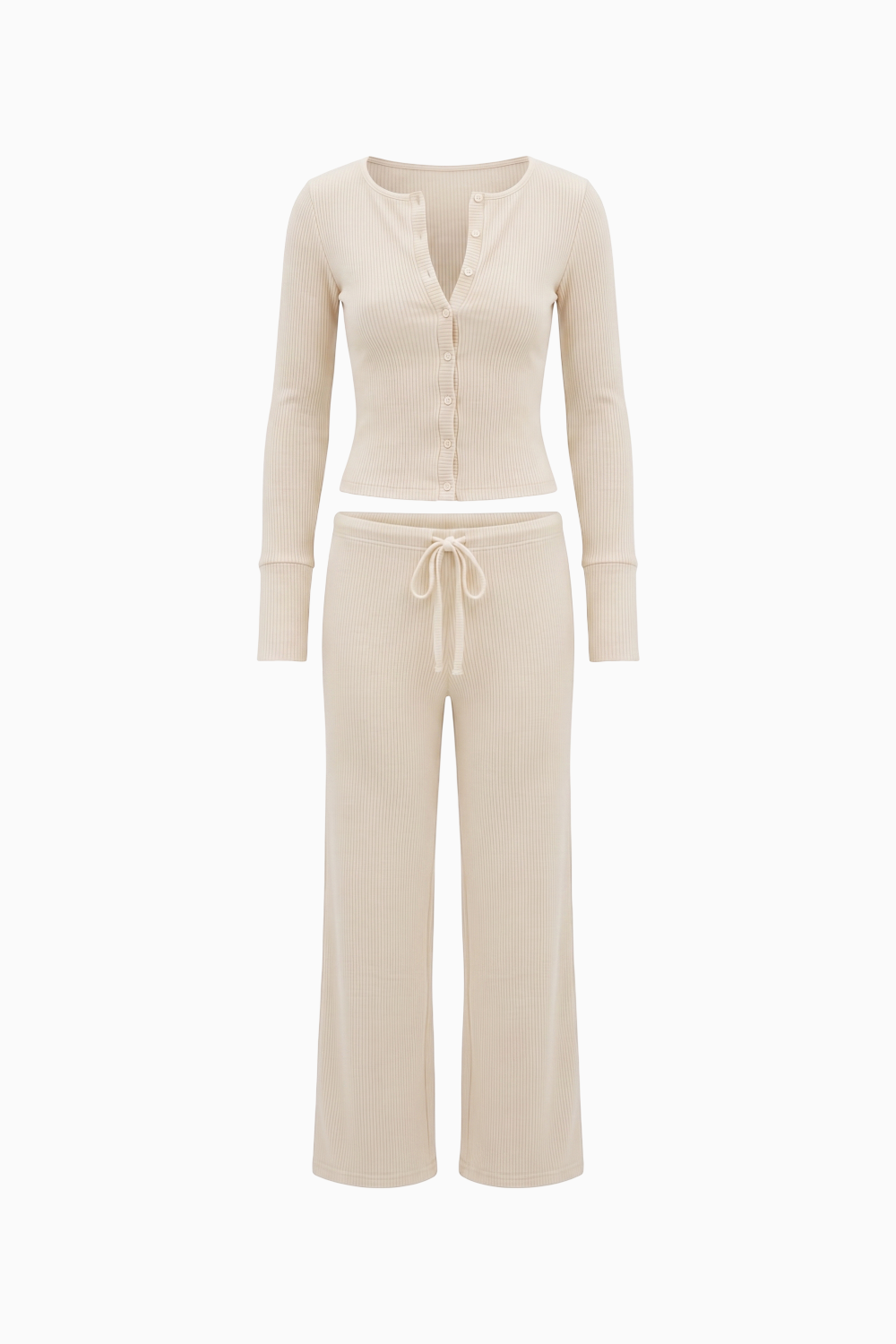Ribbed Button-Up Top & Drawstring Wide-Leg Lounge Set