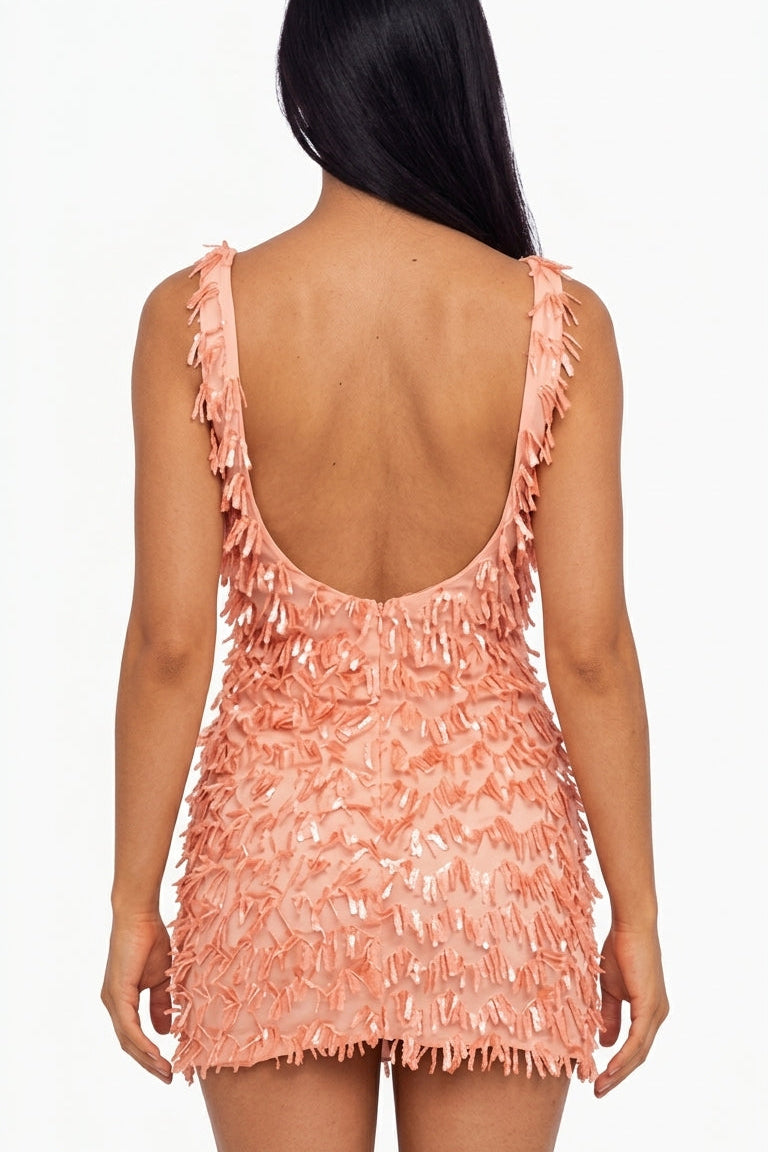 Peach Fringe Sequin Square Neck Mini Dress