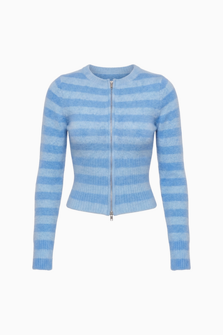Blue Striped Fuzzy Knit Zip Cardigan