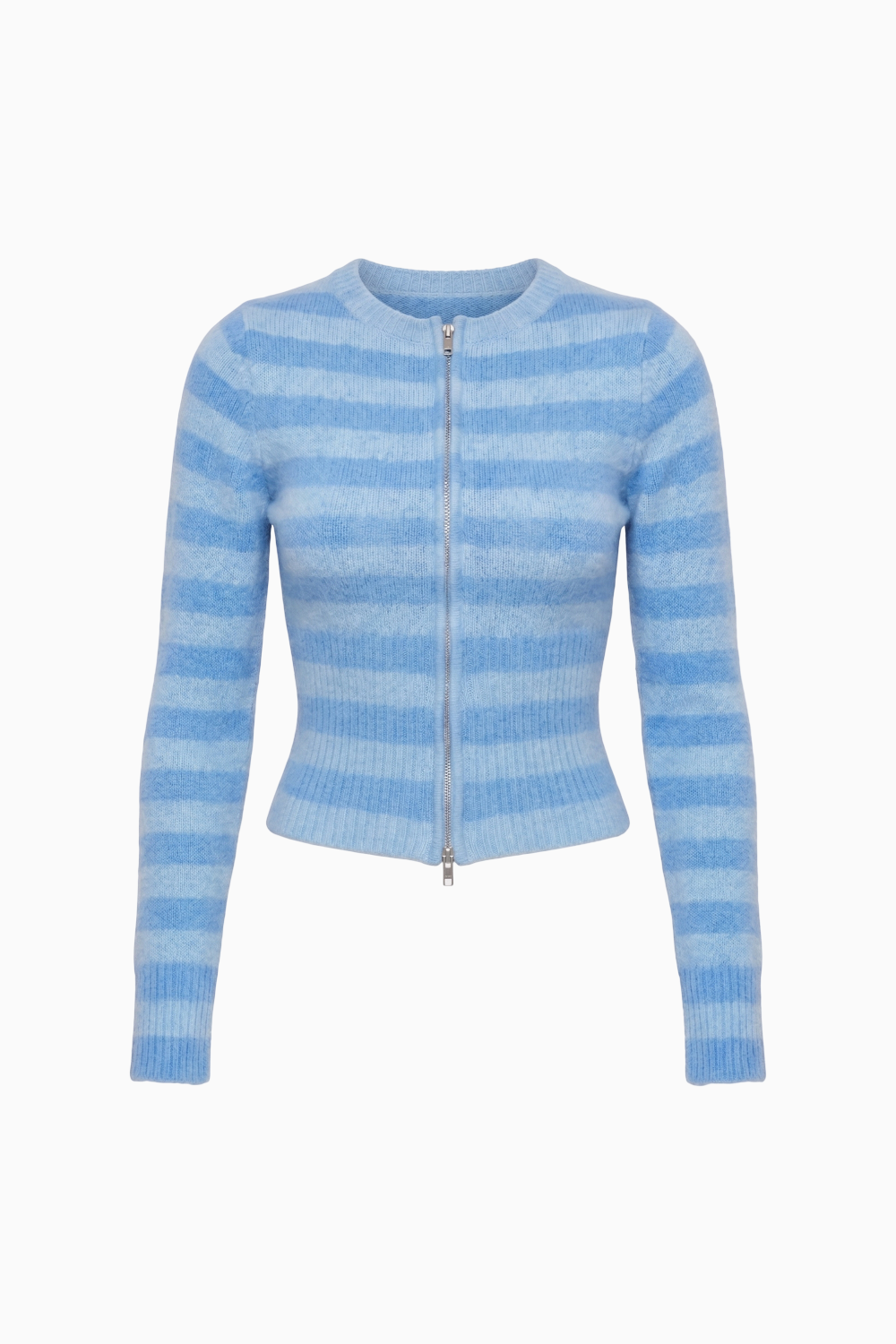 Blue Striped Fuzzy Knit Zip Cardigan