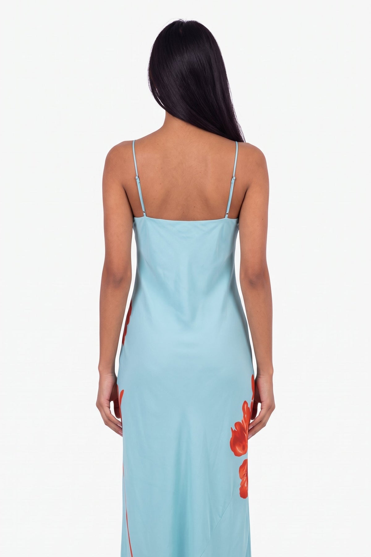 Light Blue Satin Floral Maxi Dress