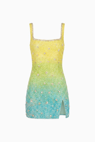 Yellow & Teal Ombre Embellished Mini Dress