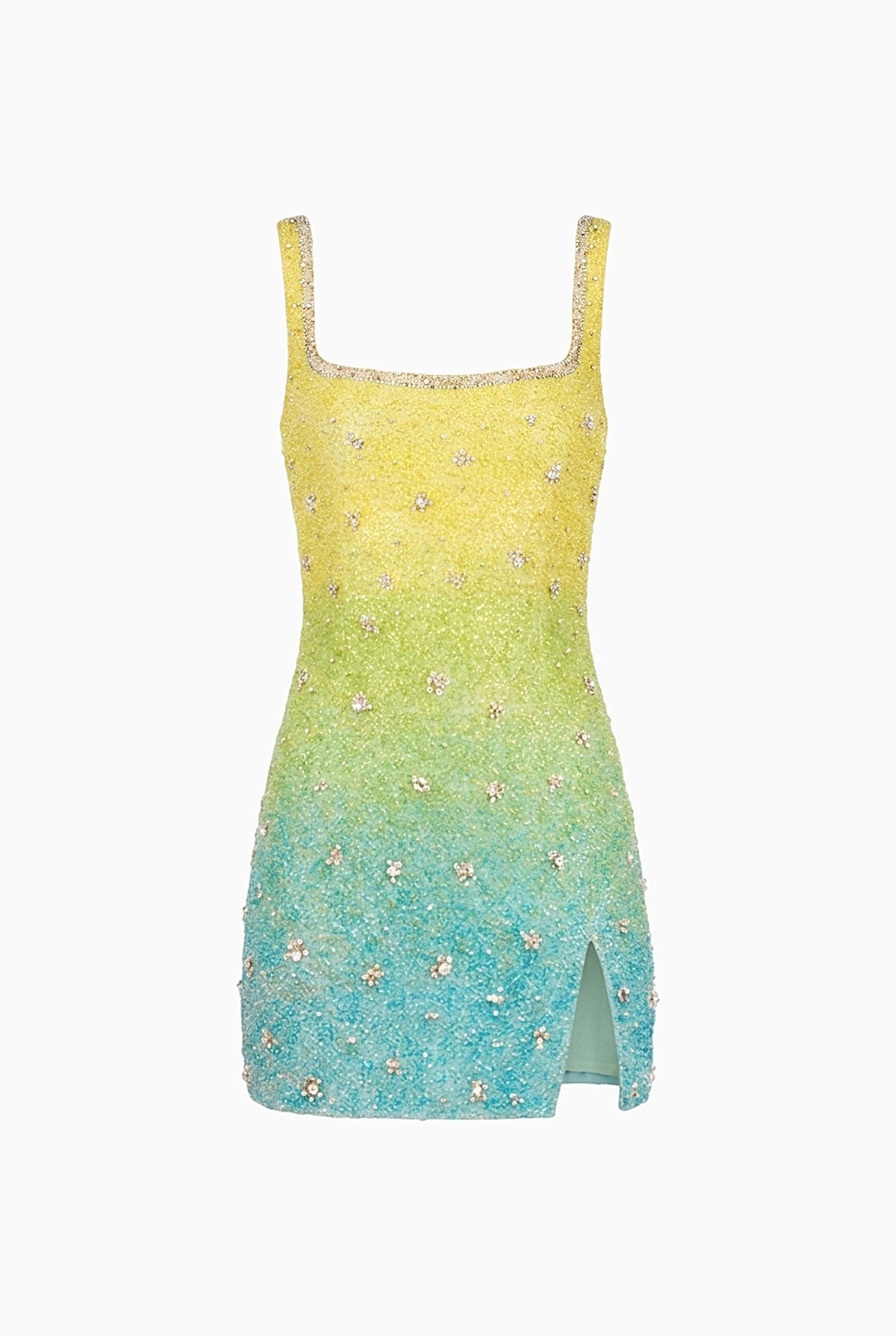 Yellow & Teal Ombre Embellished Mini Dress