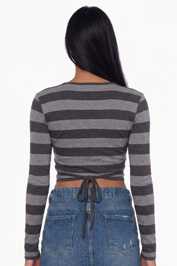 Grey and Black Striped V-Neck Long Sleeve Wrap Crop Top