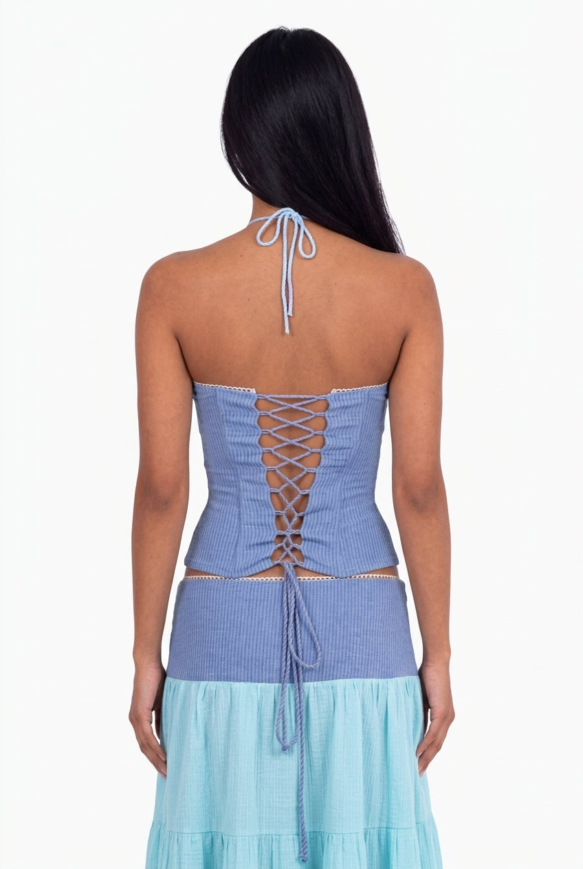 Sky Blue Halter Corset Top & Maxi Skirt Two-Piece Set