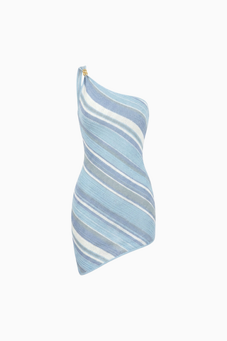 Blue Striped One-Shoulder Mini Dress