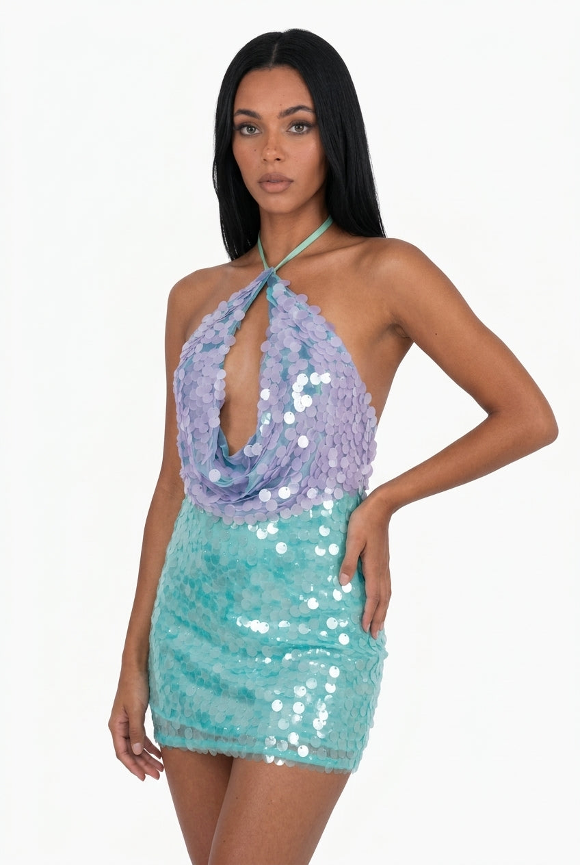 Blue and Aqua Two-Tone Sequin Mini Dress