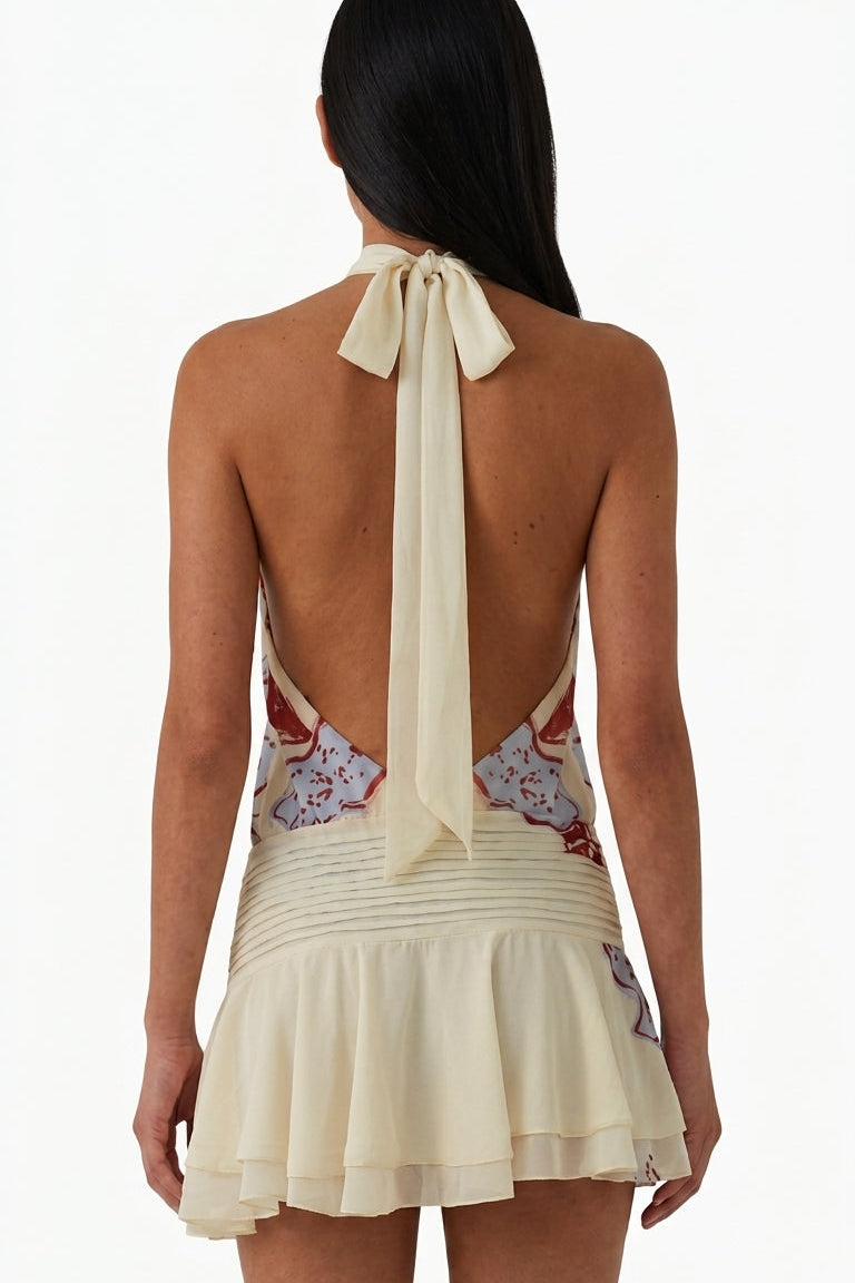Cream Floral Halter Drop Waist Mini Dress