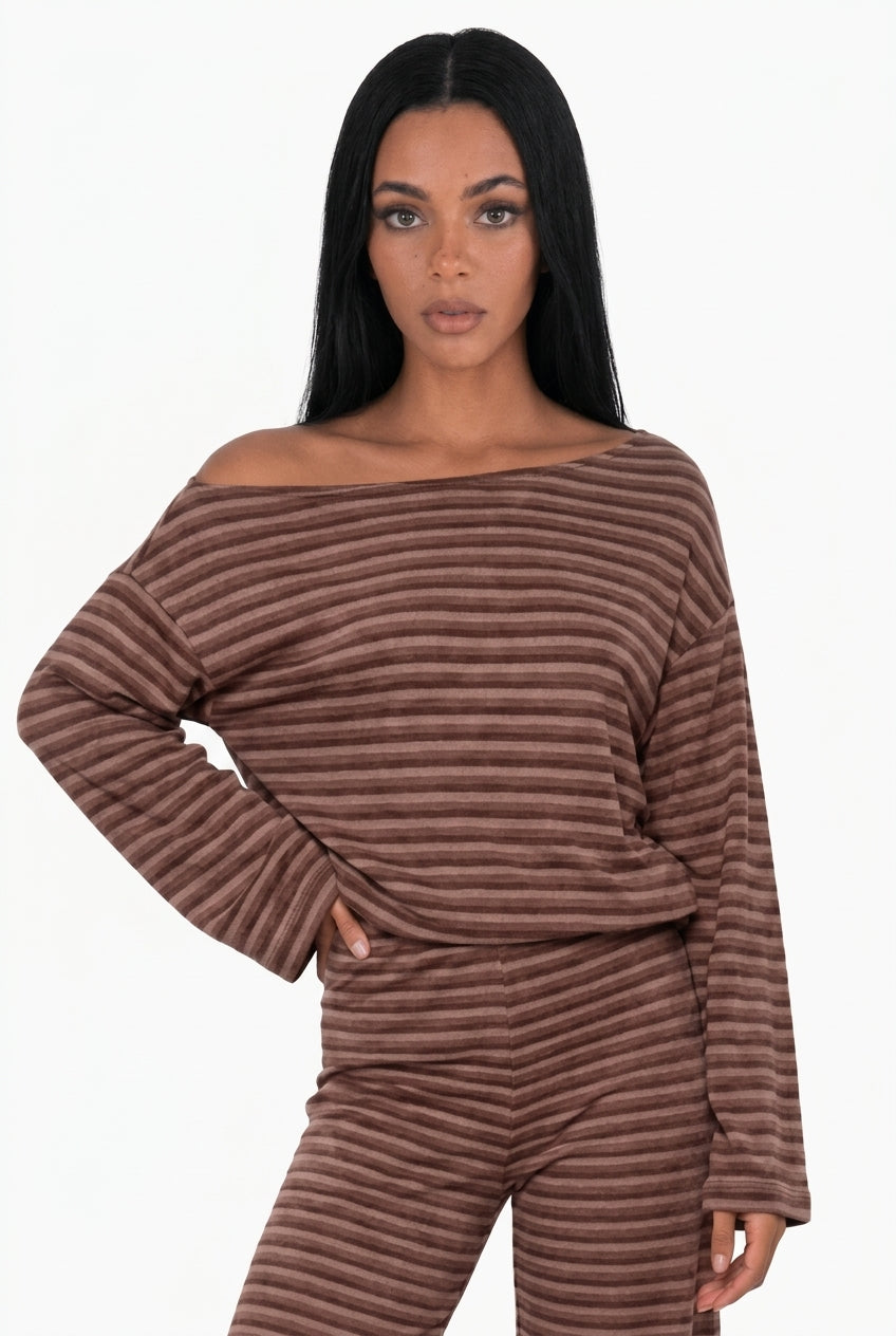 Off-the-Shoulder Striped Lounge Set +