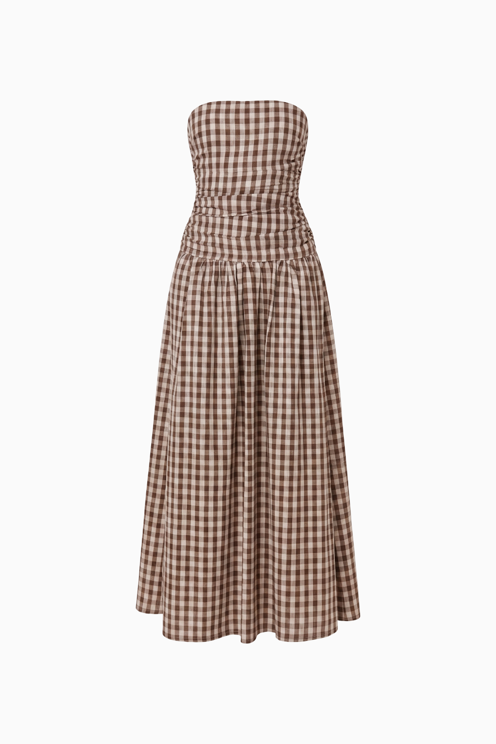 Brown Gingham Strapless Maxi Dress
