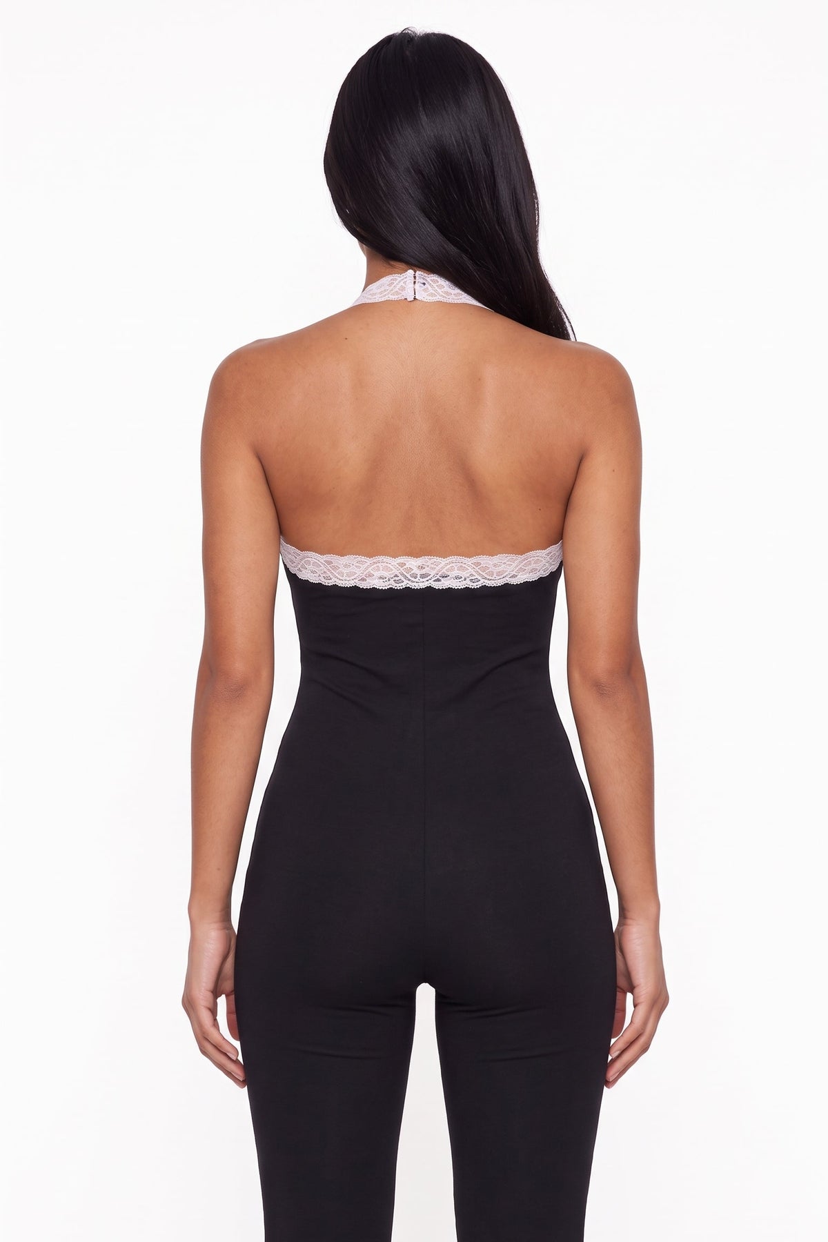 Black Lace-Trim Halter Capri Jumpsuit