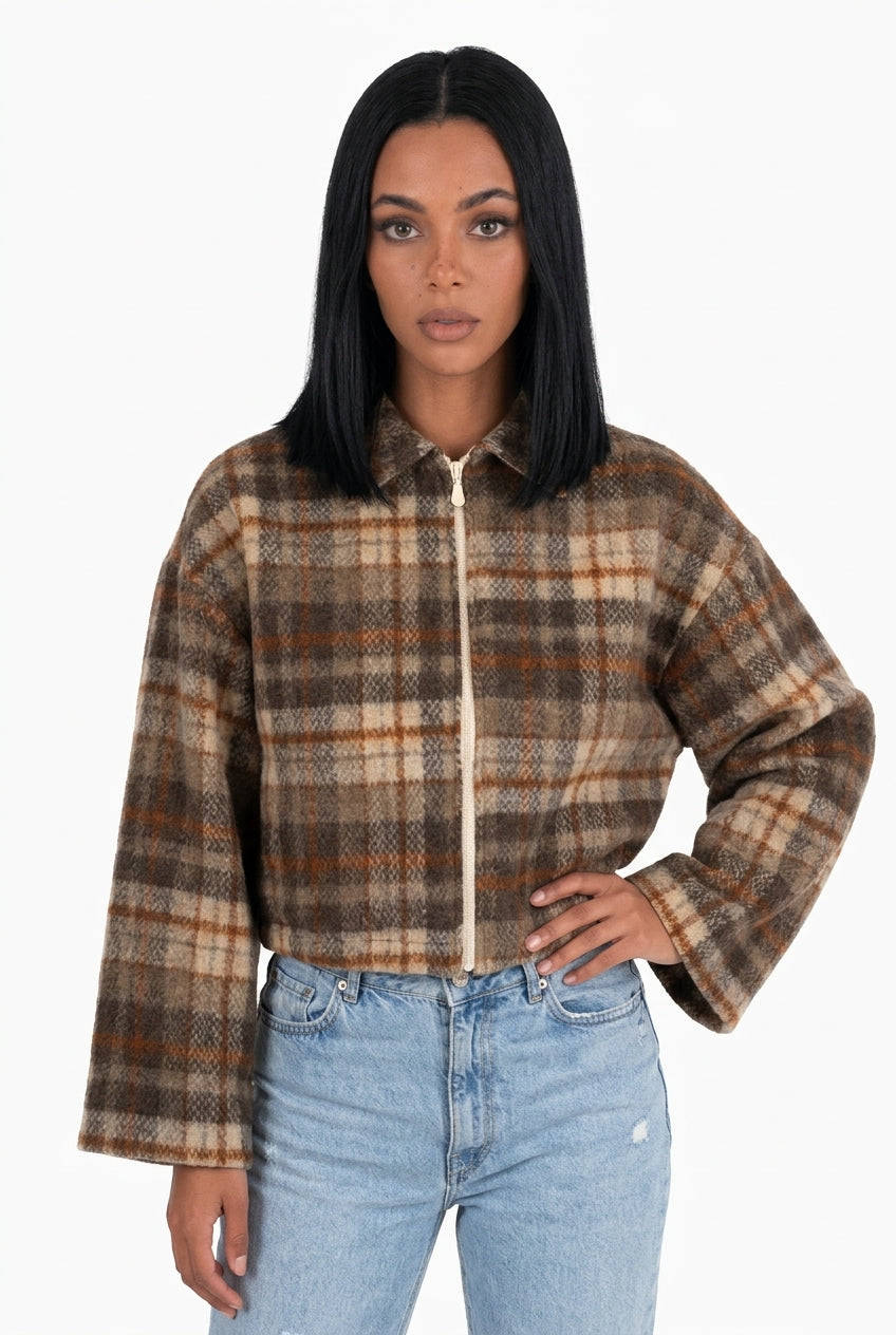 Oversized Cropped Plaid Jacket