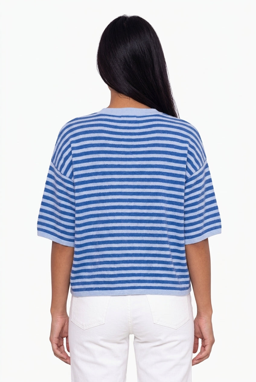 Oversized Blue Striped Short Sleeve Knit Cardigan