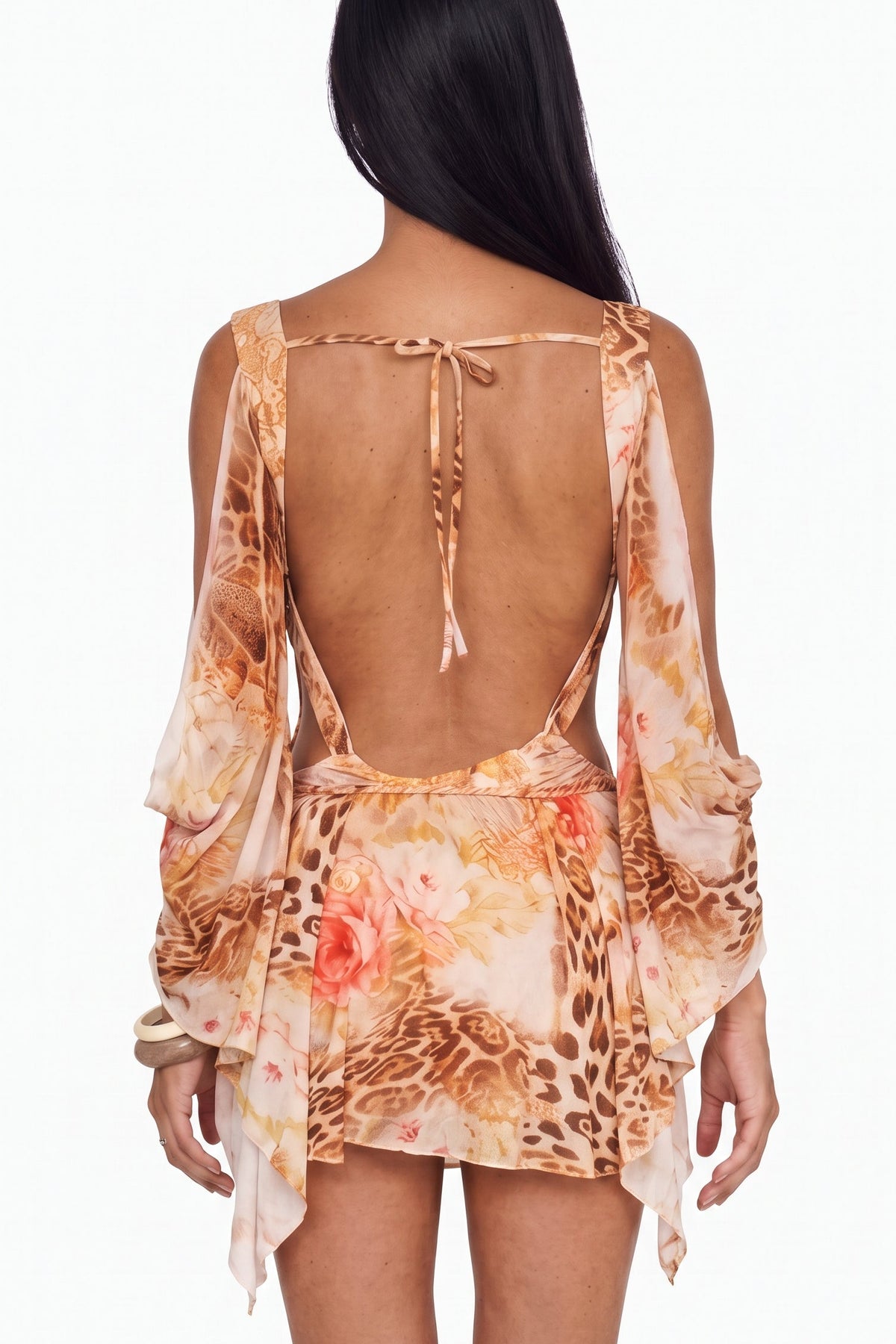 Vestido de malla con hombros descubiertos y estampado de leopardo floral