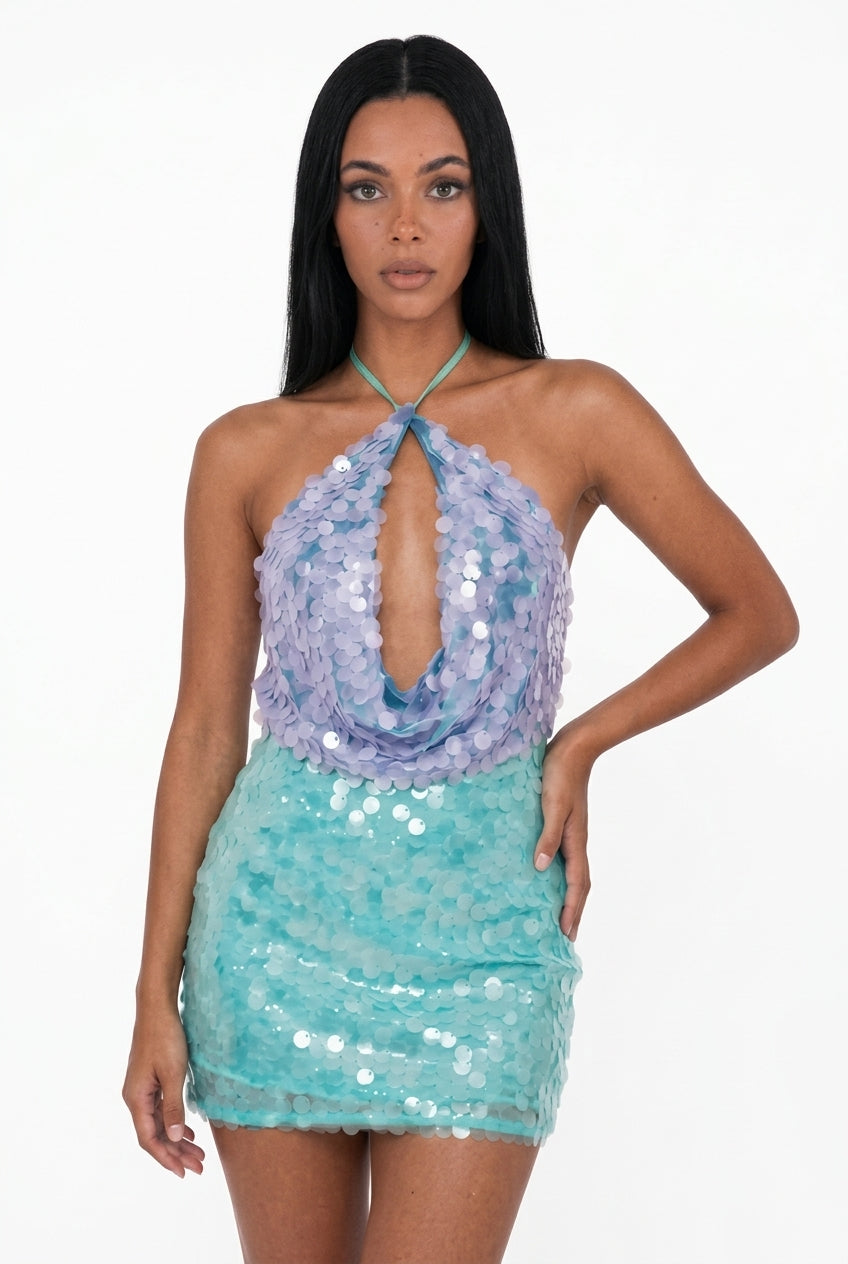 Blue and Aqua Two-Tone Sequin Mini Dress