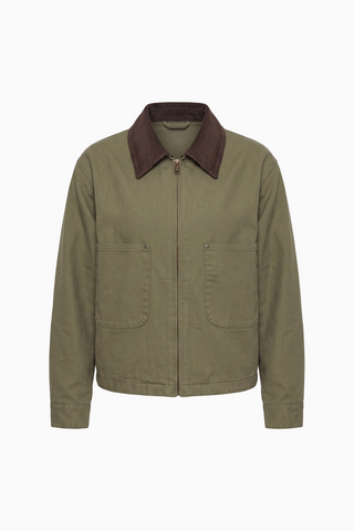 Corduroy-Collared Olive Work Jacket