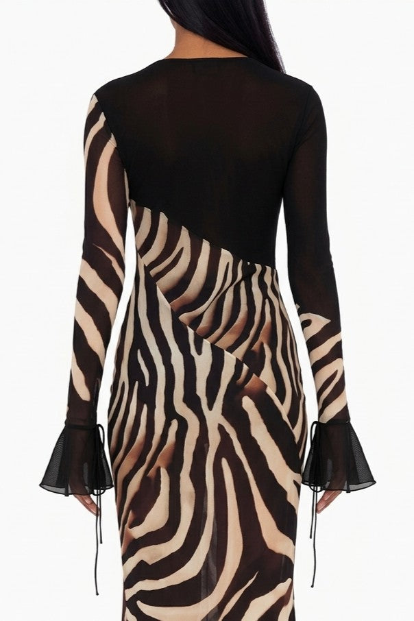 Zebra Print Sheer Panel Maxi Dress