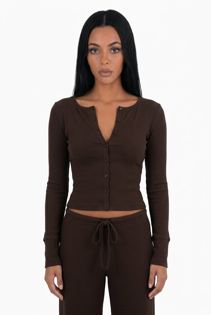 Ribbed Button-Up Top & Drawstring Wide-Leg Lounge Set