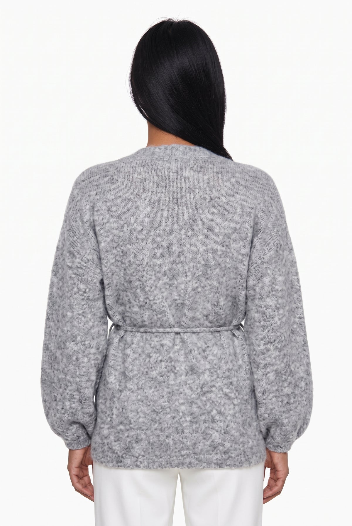 Grey Belted V-Neck Cardigan