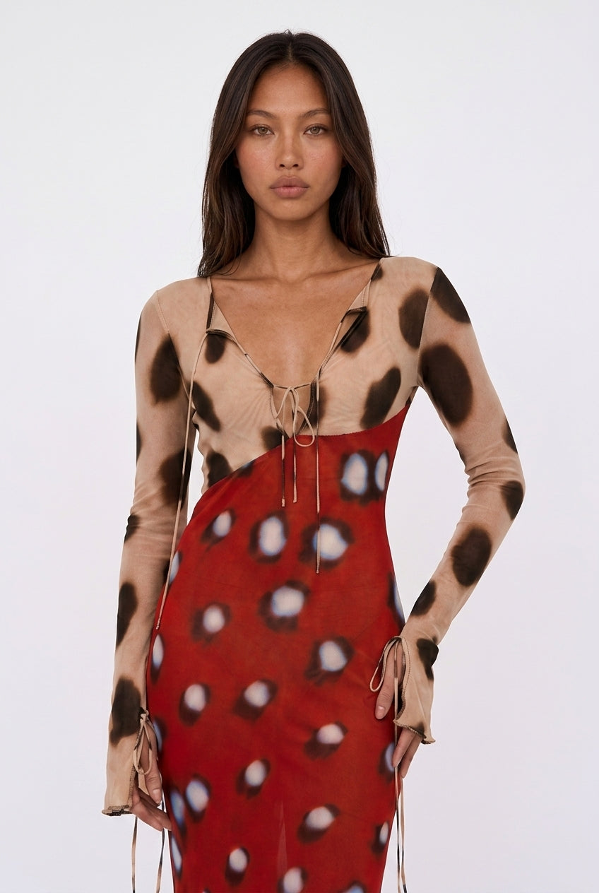 Mixed Print Sheer Long Sleeve Maxi Dress