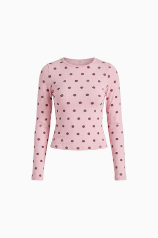 Polka Dot Print Crewneck Long Sleeve Top