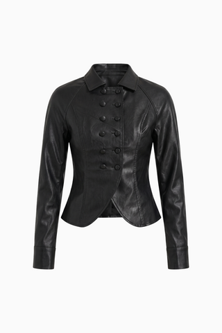Black Faux Leather Double-Breasted Fitted Moto Jacket