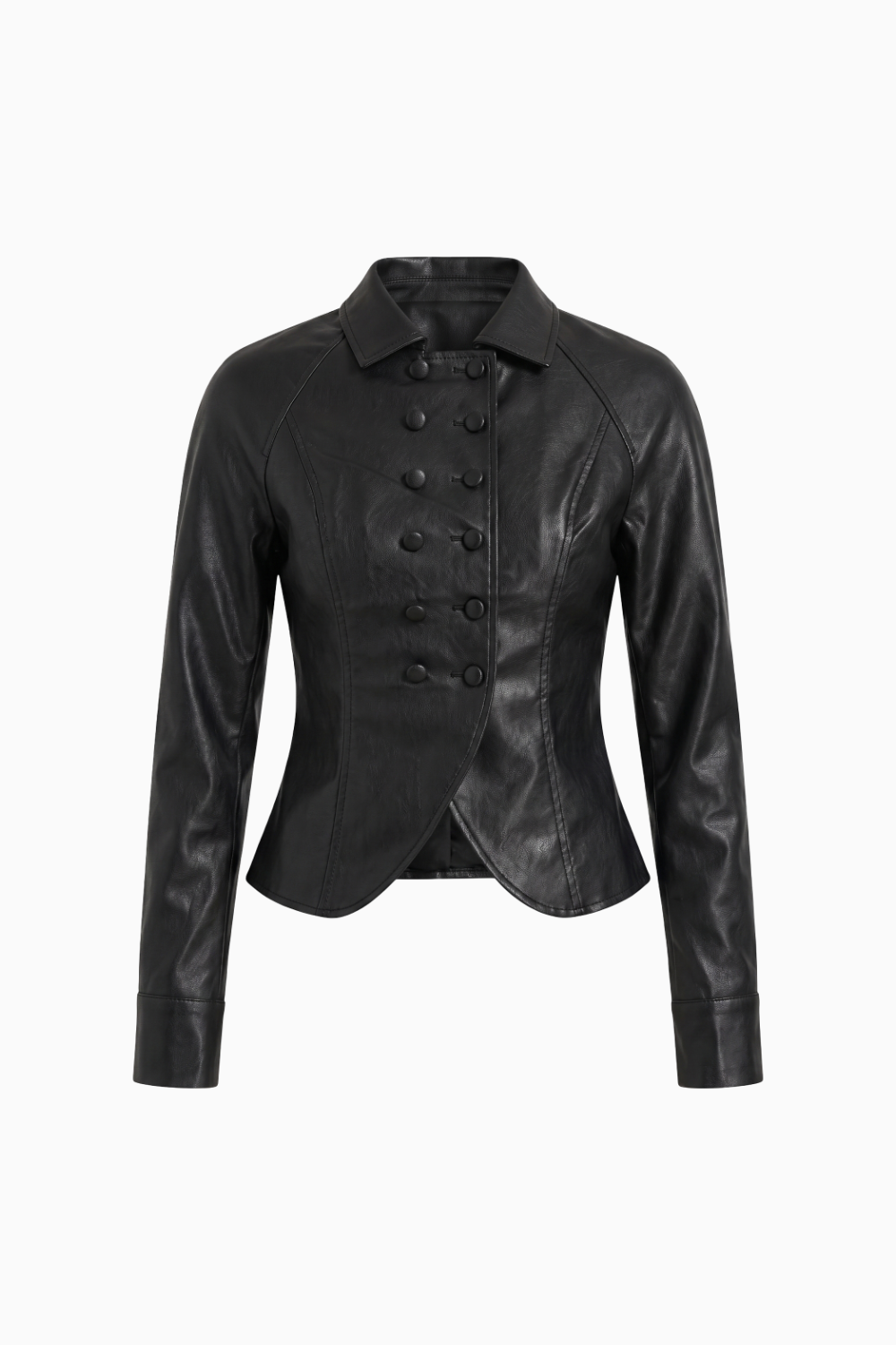 Black Faux Leather Double-Breasted Fitted Moto Jacket