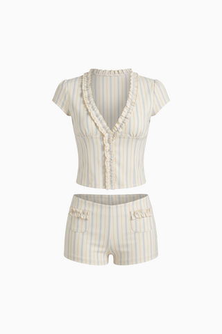 Cream Pinstripe Ruffle V-Neck Top and Matching Set