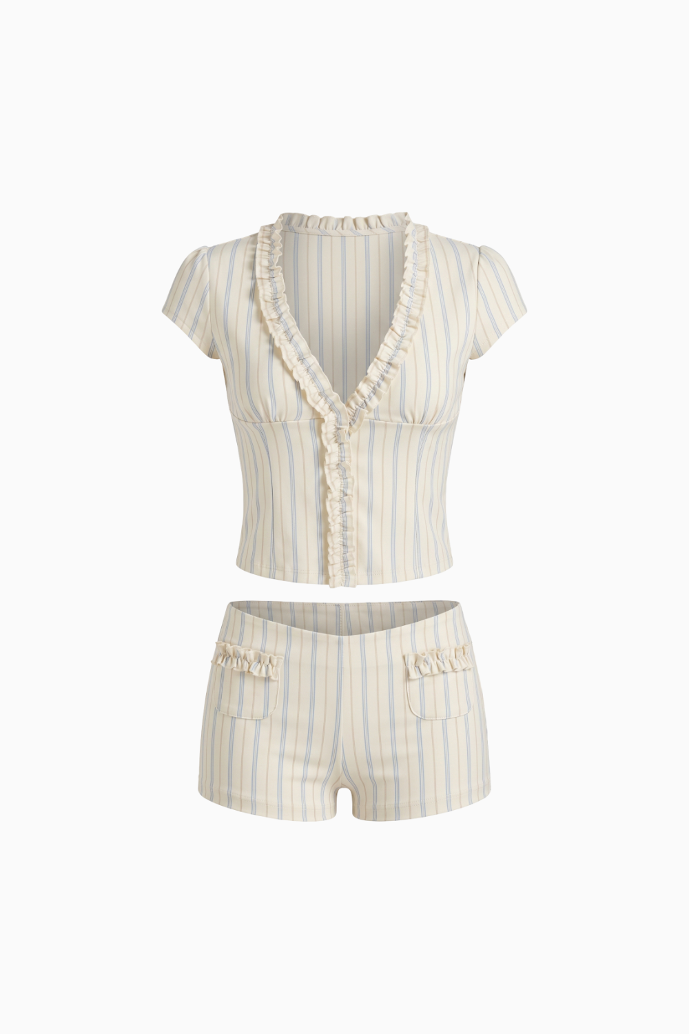 Cream Pinstripe Ruffle V-Neck Top and Matching Set