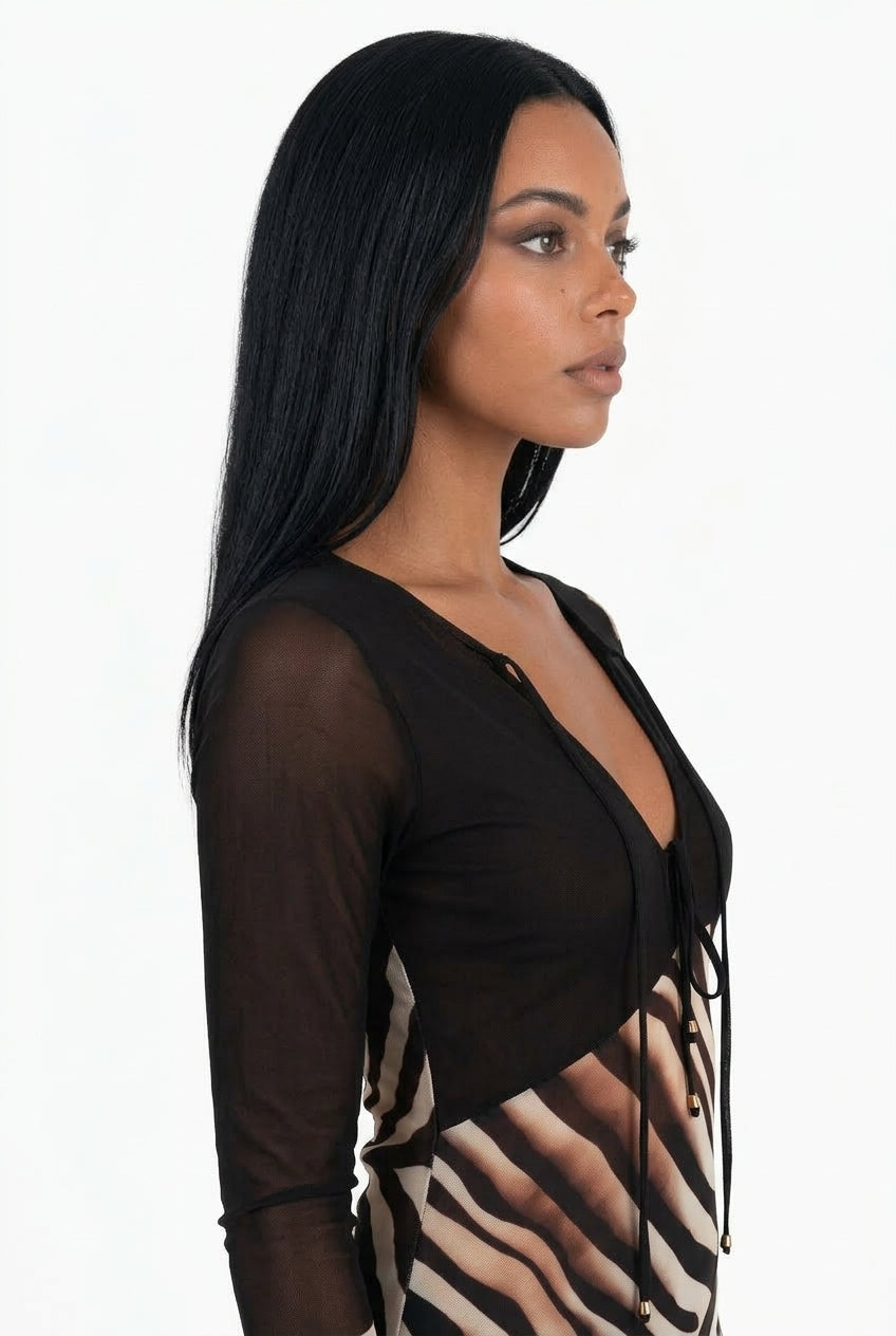 Zebra Print Sheer Panel Maxi Dress
