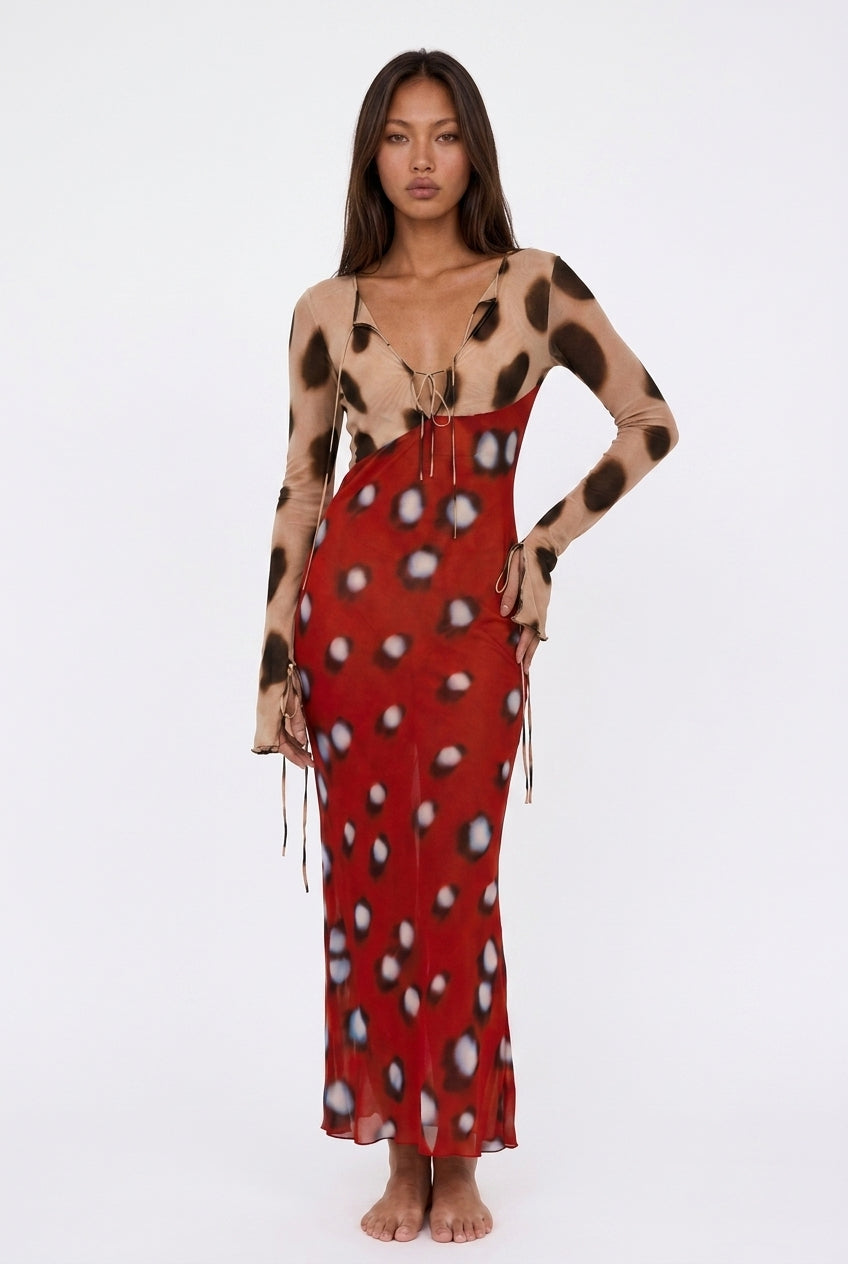 Mixed Print Sheer Long Sleeve Maxi Dress
