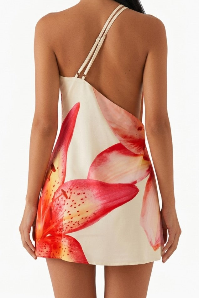 Pink Floral Cowl Neck Mini Dress