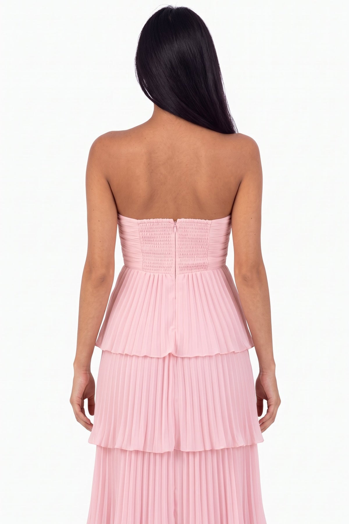 Blush Pink Strapless Tiered Pleated Maxi Dress
