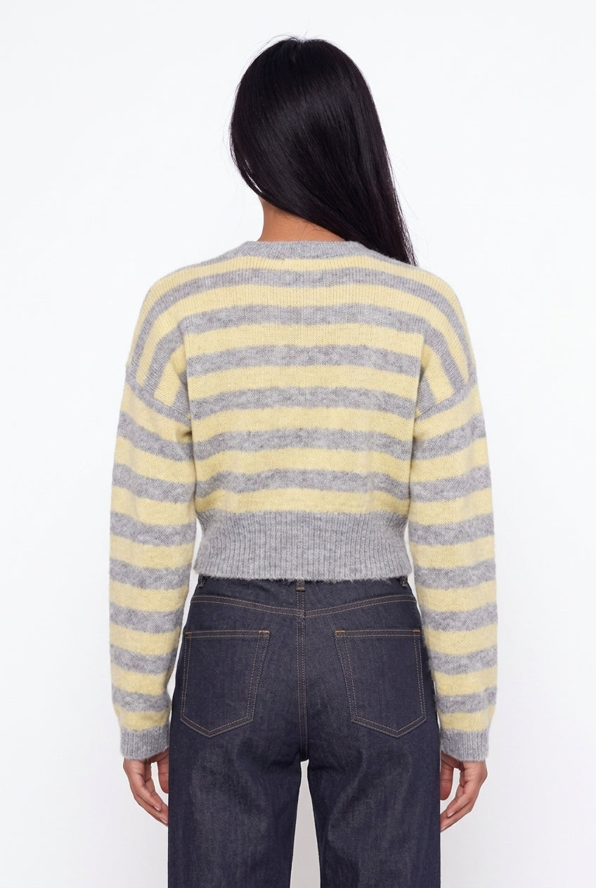 Cropped Grey and Yellow Striped Fuzzy Knit Sweater