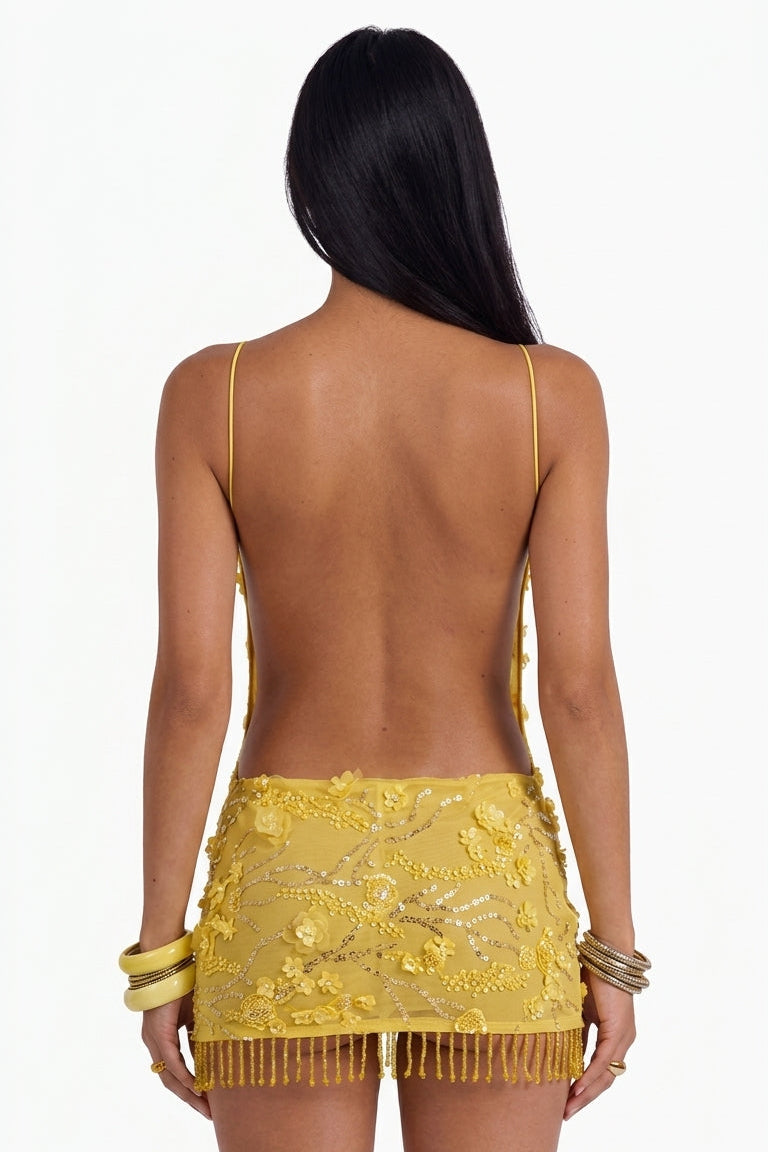Lemon Yellow Embellished Mini Dress