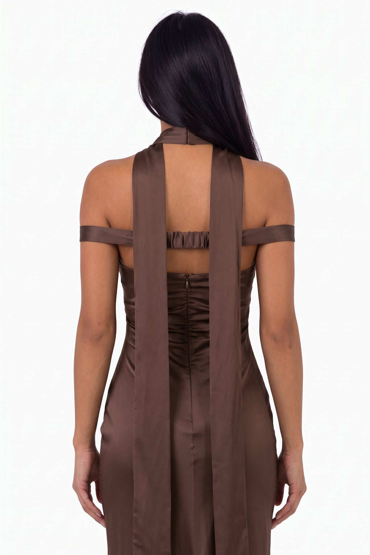 Brown Satin Open-Back Halter Maxi Dress