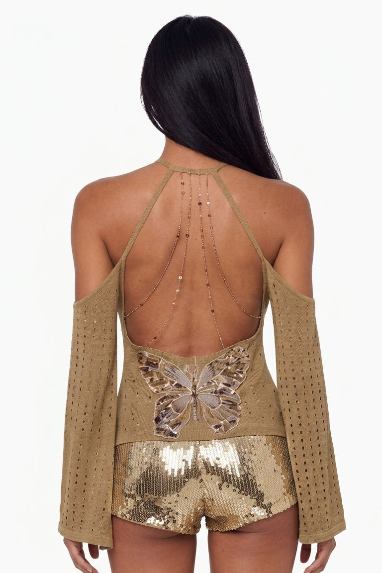 Textured Halter Neck Cold Shoulder Top with Bell Sleeves