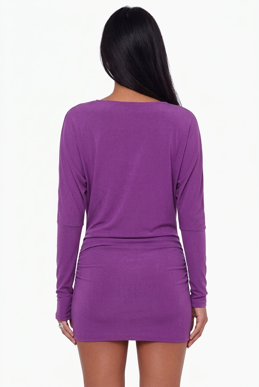 Deep Purple Cowl Neck Ruched Mini Dress