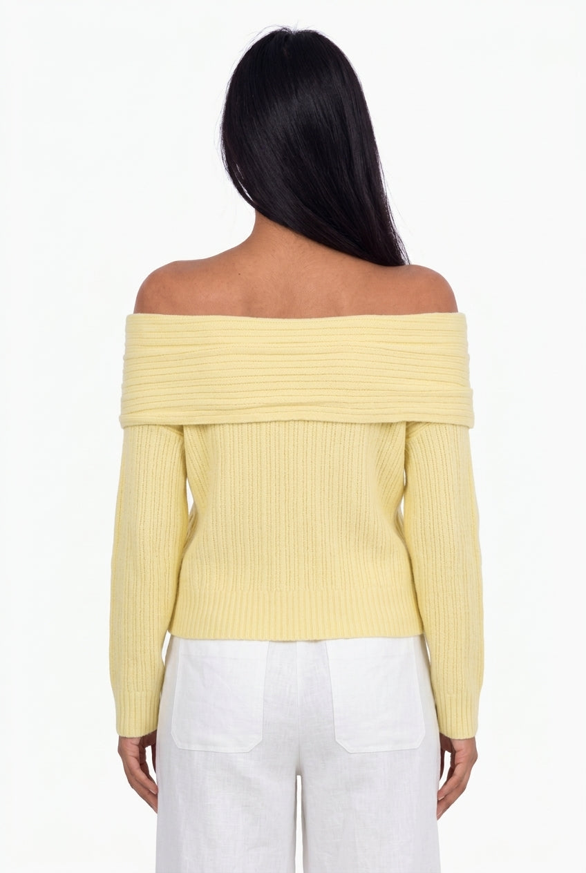 Pastel Yellow Ribbed Off-the-Shoulder Knit Sweater