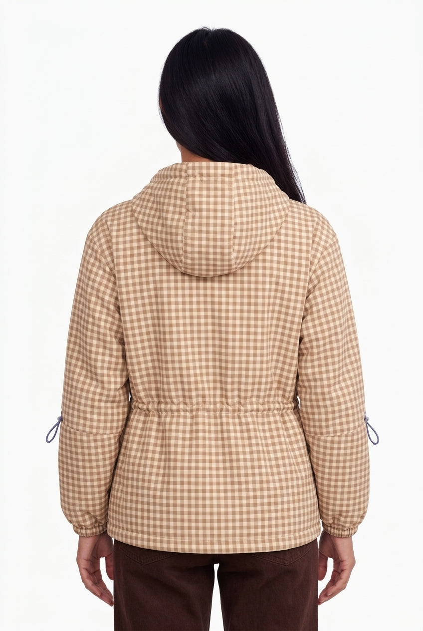 Gingham Check Zip-Up Hooded Utility Jacket