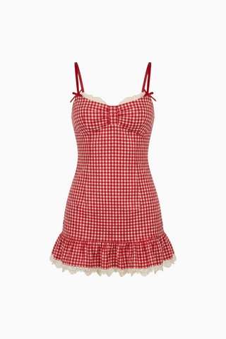 Red Gingham Lace-Trim Mini