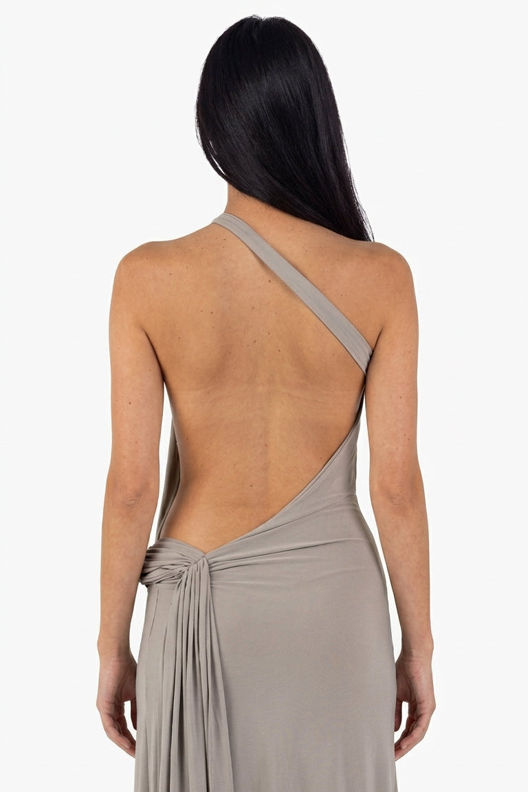 Asymmetrical Ruched Side-Buckle Maxi Dress